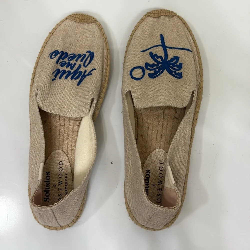 Soludos Natural Canvas Espadrilles with Blue Palm and Script